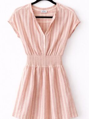 Rails Angelina Rose Stripe Linen Blend Mini Dress Small Smocked Waist Pink